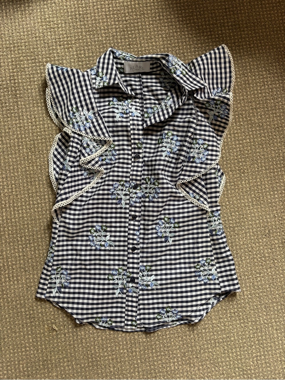 Pearl by Lela Rose Poplin Flutter Sleeve Navy Floral Gingham Button-Down Shirt
